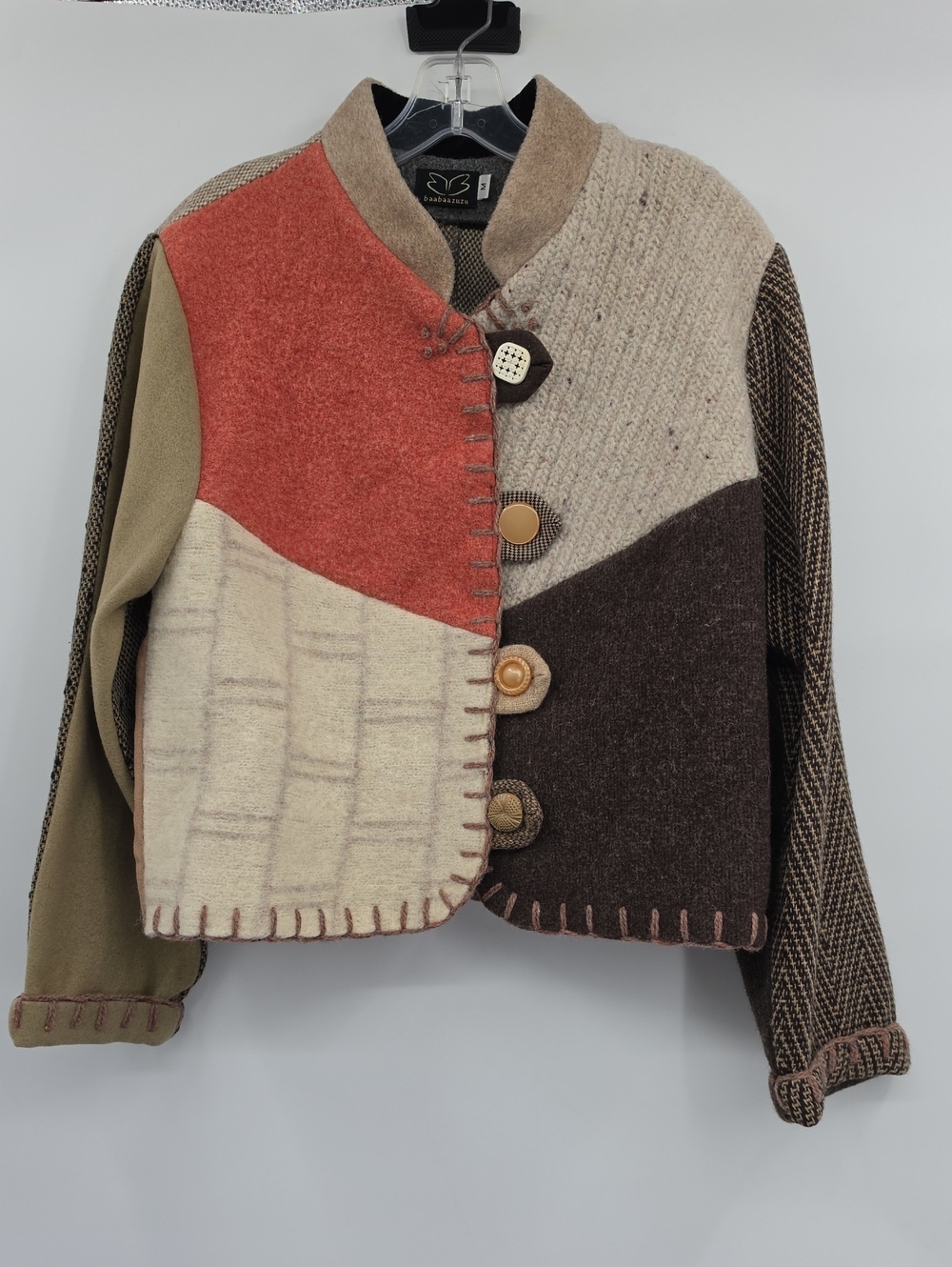 Baabaazuzu Patchwork Wool-Blend Women's  Jacket in Rust, Cream & Brown Size M